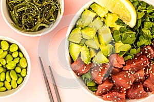 Hawaiian Style Tuna And Avocado Sashimi Poke Food Bowl