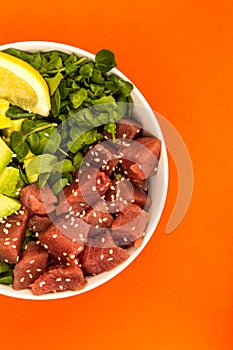 Hawaiian style tuna and avocado sashimi poke food bowl