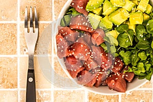 Hawaiian Style Tuna And Avocado Sashimi Poke Food Bowl