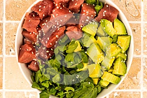 Hawaiian Style Tuna And Avocado Sashimi Poke Food Bowl