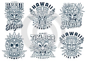 Hawaiian tiki mask set emblems