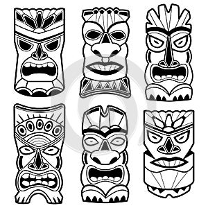 Hawaiian tiki statue masks. Vector illustration set