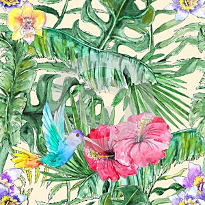 Hawaiian Tropical gungle colorful watercolor hand drawn seamless pattern with plants and birds