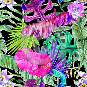 Hawaiian Tropical gungle colorful watercolor hand drawn seamless pattern with plants and birds