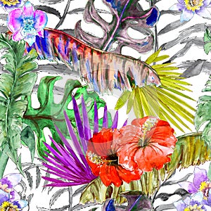 Hawaiian Tropical gungle colorful watercolor hand drawn seamless pattern with plants and birds