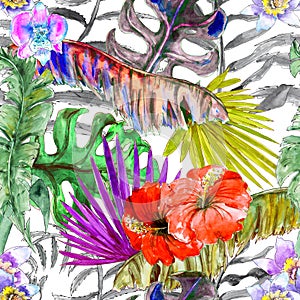 Hawaiian Tropical gungle colorful watercolor hand drawn seamless pattern with plants and birds photo