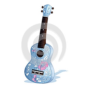 Hawaiian ukulele blue guitar with a pattern of pink hibiscus, white leaves and curls. Folk musical instrument of the islands