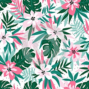 Hawaiian vector seamless pattern with pink flowers and green leaves. Stylish floral endless print for summer fabric design.