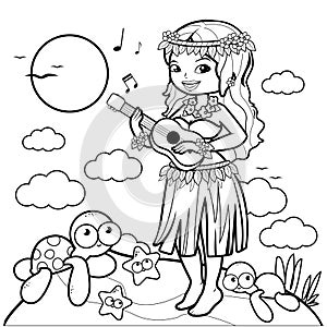 Hawaiian woman playing her guitar on a tropical island. Vector black and white coloring page.