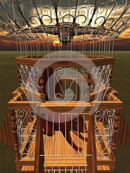 Hawk attacking squirrel in cage 3d rendering
