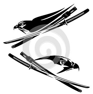 Hawk bird and samurai katana sword black and white vector design set