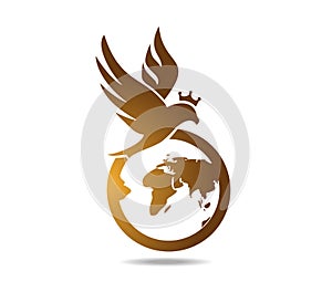 Hawk over the globe. Gold falcon with crone over the planet earth. Logo