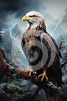 Hawk sit on branch. Mountain landscape background. Created with Generative AI