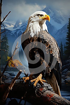 Hawk sit on branch. Mountain landscape background. Created with Generative AI