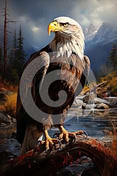 Hawk sit on branch. Mountain landscape background. Created with Generative AI