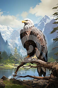 Hawk sit on branch. Mountain landscape background. Created with Generative AI