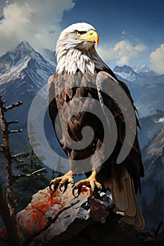 Hawk sit on stone. Mountain landscape background. Created with Generative AI