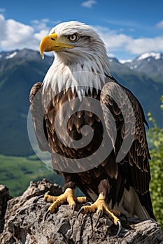 Hawk sit on stone. Mountain landscape background. Created with Generative AI