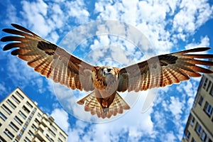 hawk soaring over high rise buildings