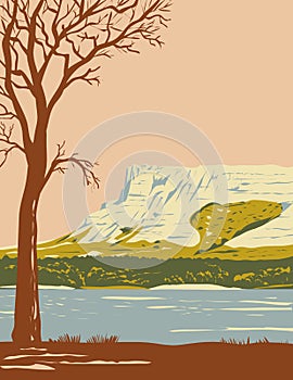 Hawk Springs State Recreation Area with the Bluffs Bear Mountain Area in Goshen County Wyoming WPA Poster Art