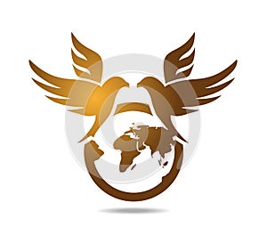 Hawks over the globe. Gold falcons over the planet earth. Logo