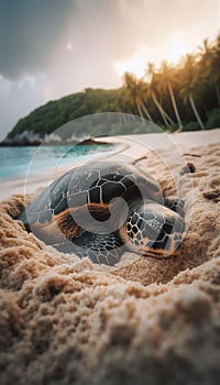 Hawksbill Turtle Nesting on a Beach