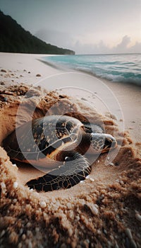 Hawksbill Turtle Nesting on a Beach