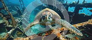 Hawksbill Turtle Swimming Over Wreck