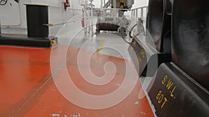 Hawse with bollard and snap back zone on deck of ship