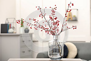 Hawthorn branches with red berries on table in living room