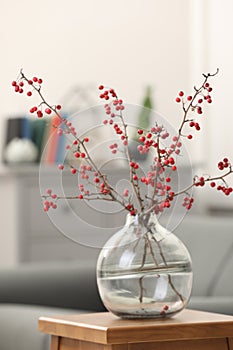Hawthorn branches with red berries on wooden table in living room
