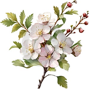 Hawthorn flower, Watercolor painting of a Hawthorn flower. AI-Generated.