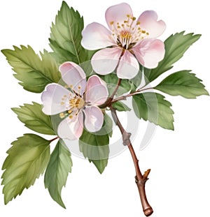 Hawthorn flower, Watercolor painting of a Hawthorn flower. AI-Generated.