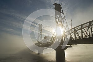 The Hawthorne Bridge with fog.