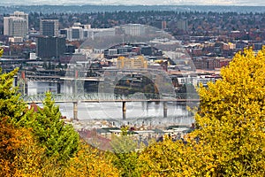 Hawthorne Bridge over Willamette River in Fall Portland OR USA