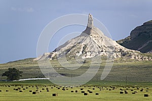 Hay bails in front of Chimney Rock National Historic Site