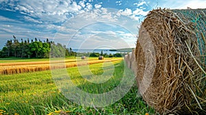 Hay bale. Agriculture field with sky. Rural nature in the farm land. Straw on the meadow. Wheat yellow golden harvest in