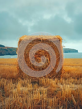 Hay bale in field and lake in the background