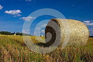 Hay bale on the field during sunny day