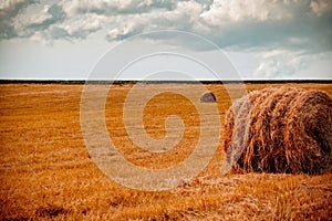 Hay bale in the foreground of rural field