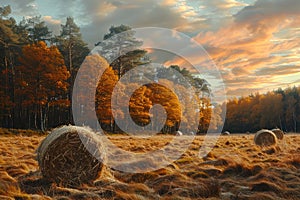 Hay bales on the field and colorful autumn forest on the background