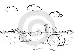 Hay bales in field in countryside. Sketch scratch board imitation coloring.