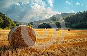 Hay bales on the field after harvest sunset time