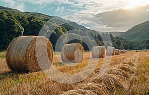 Hay bales in field. Hay bales on the field after harvest sunset time