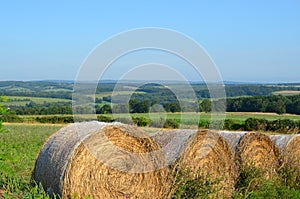 Hay bales in the field on the hills of upstate New York in summer