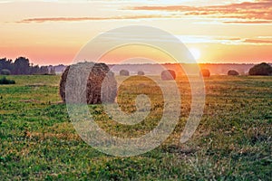 Hay bales in the light of the setting sun in warm summer evening in the countryside