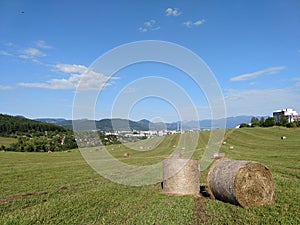 Hay bales on the meadow during autumn.