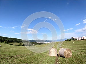 Hay bales on the meadow during autumn.