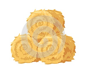 Hay bales in round rolls. Straw, dry gold grass stacks. Golden agriculture fodder, circle haystacks pile of yellow rape