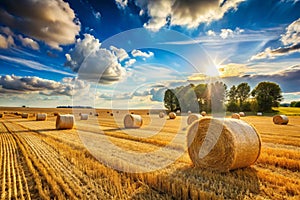 Hay bales sitting in a field on blue sky photo